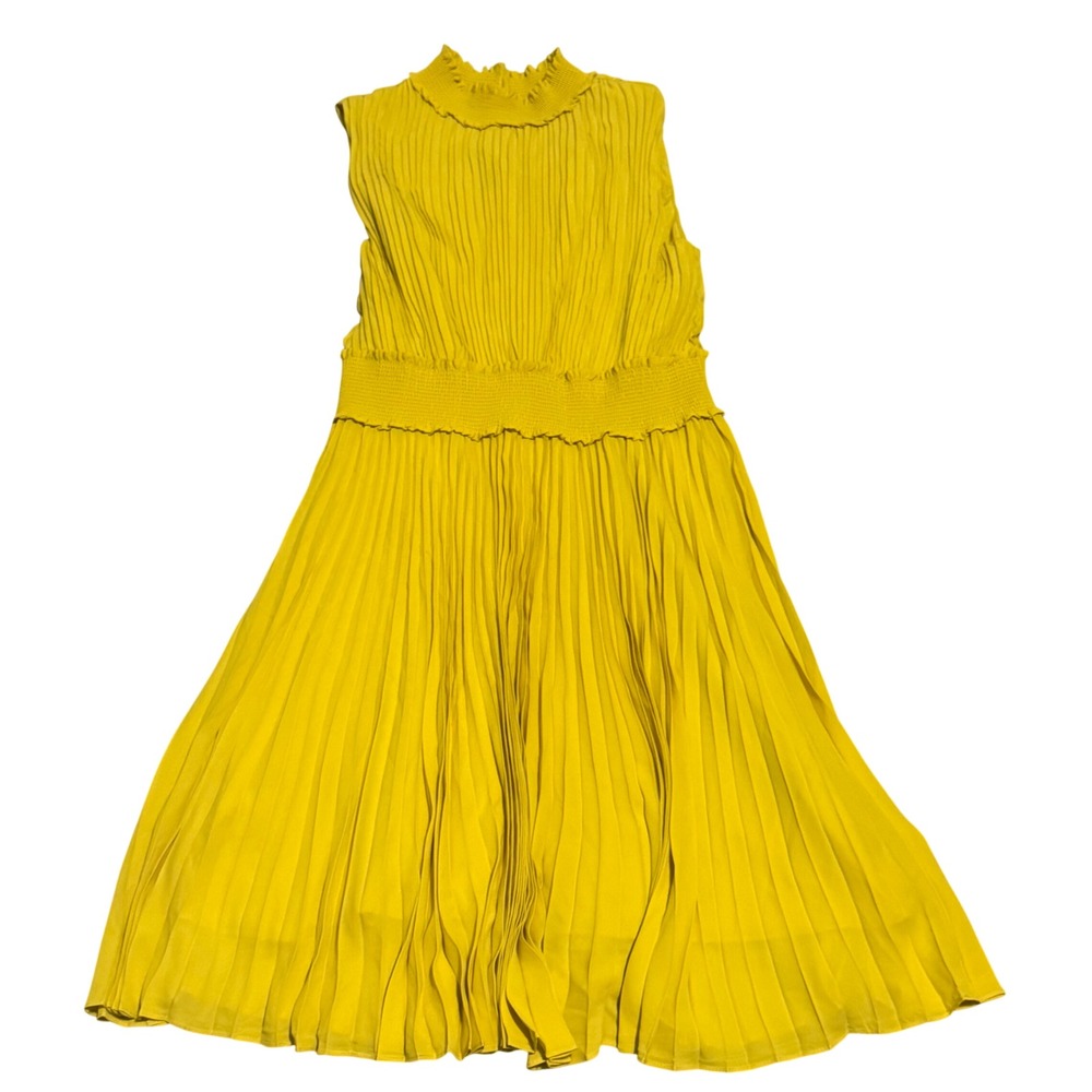 Nanette Lepore Yellow Pleated Smocked Mock Neck Midi Dress Womens 18W Sleeveless